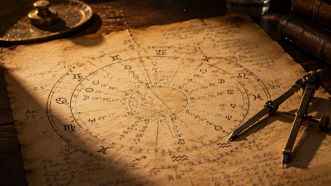 A natal chart drawn by hand on paper, with a pair of brass dividers resting on it